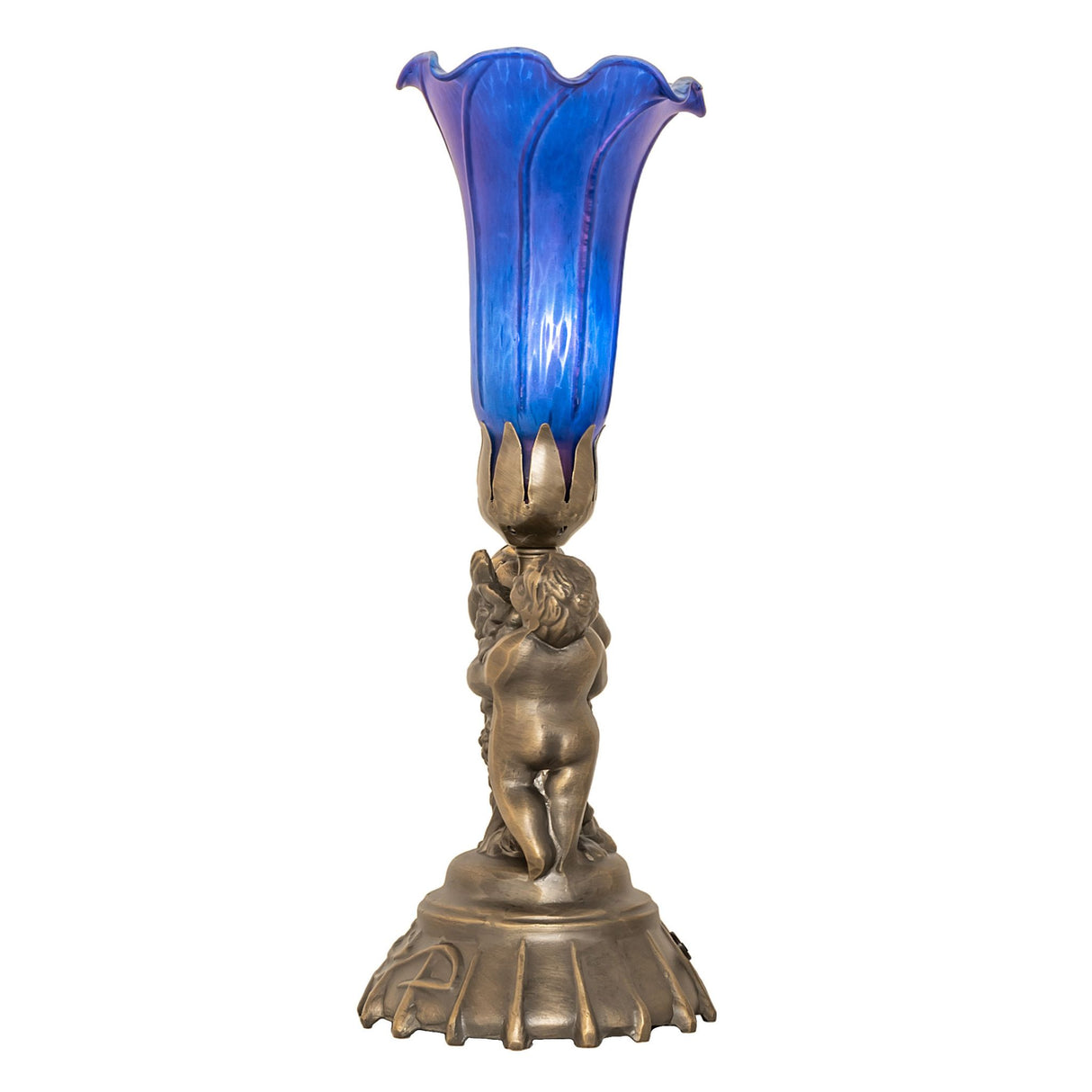 Side view of Blue Pond Lily twin cherub accent lamp.