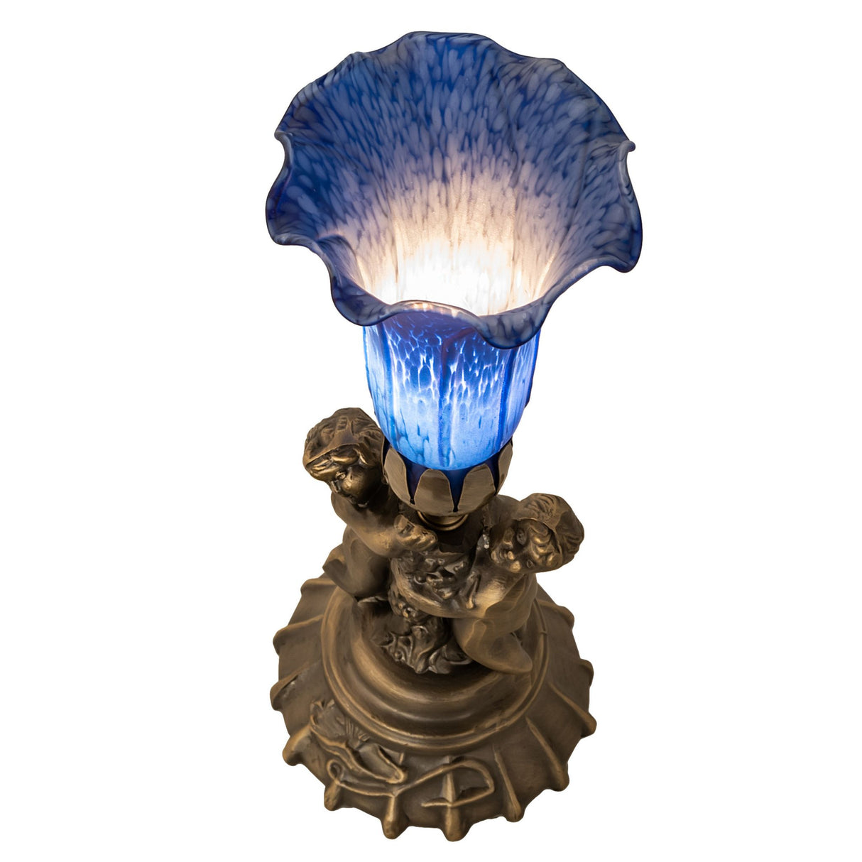 Top view of blue Pond Lily Twin Cherub Accent Lamp.