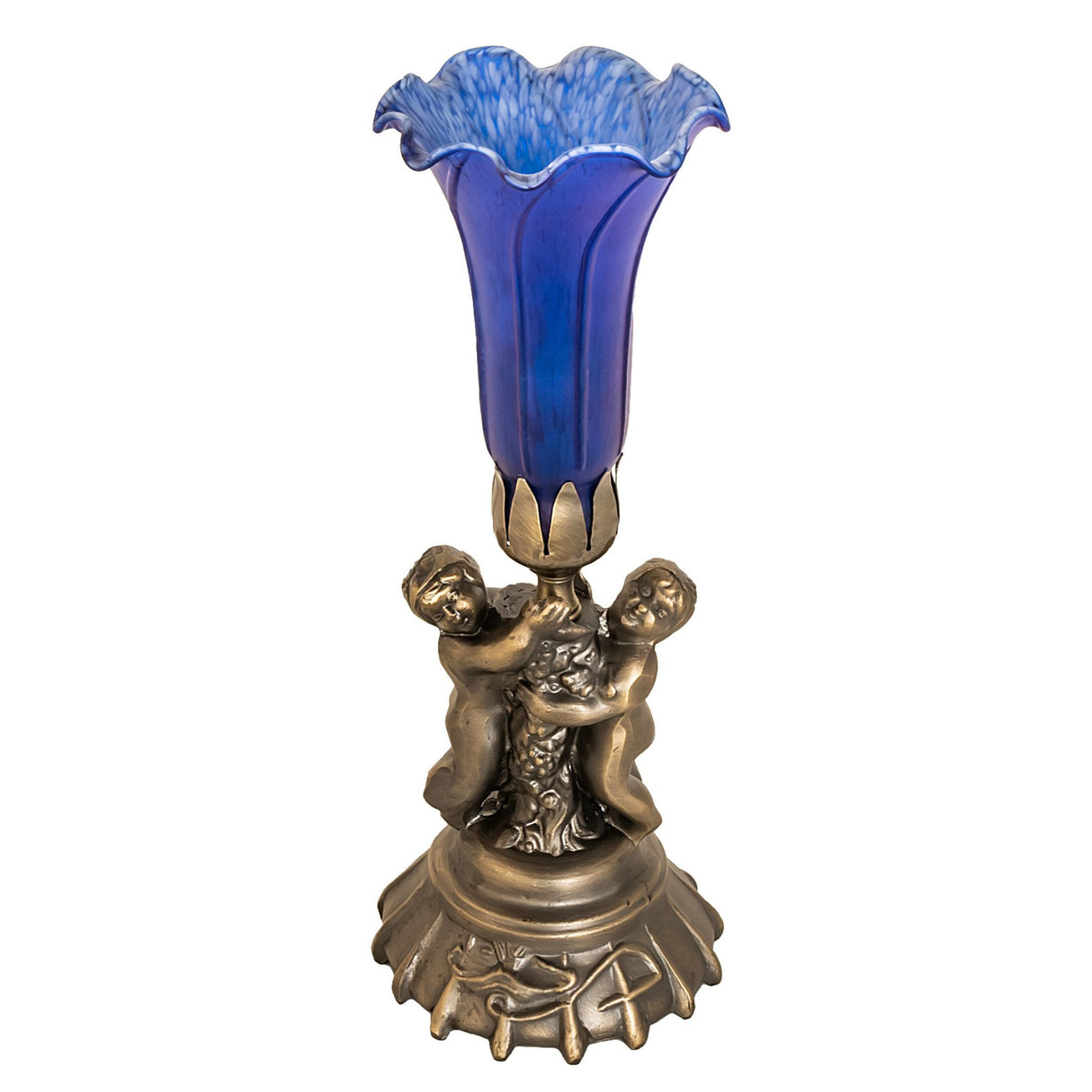 Unlit view of blue Pond Lily Twin Cherub Accent Lamp.