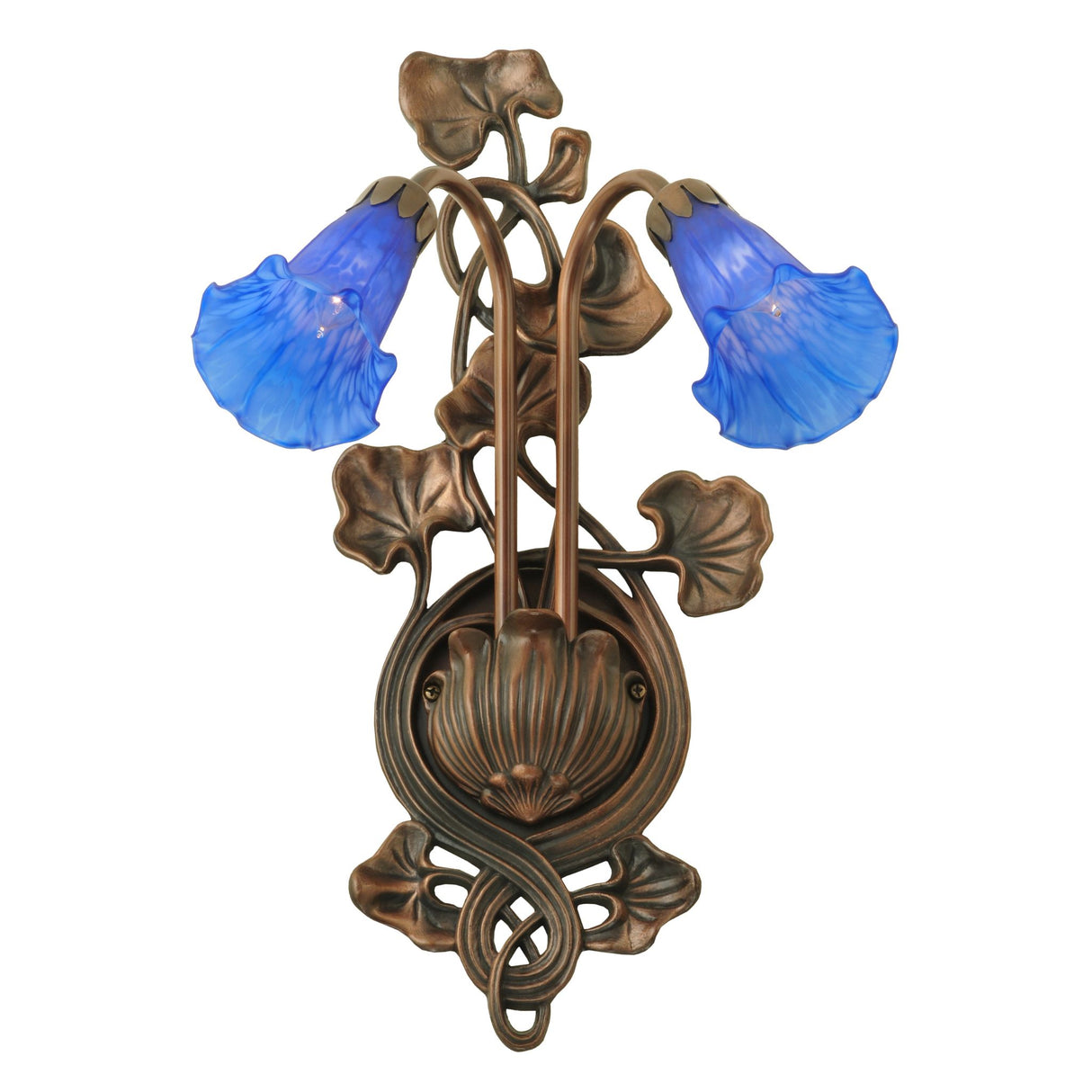 Angle view of blue pond lily wall sconce.