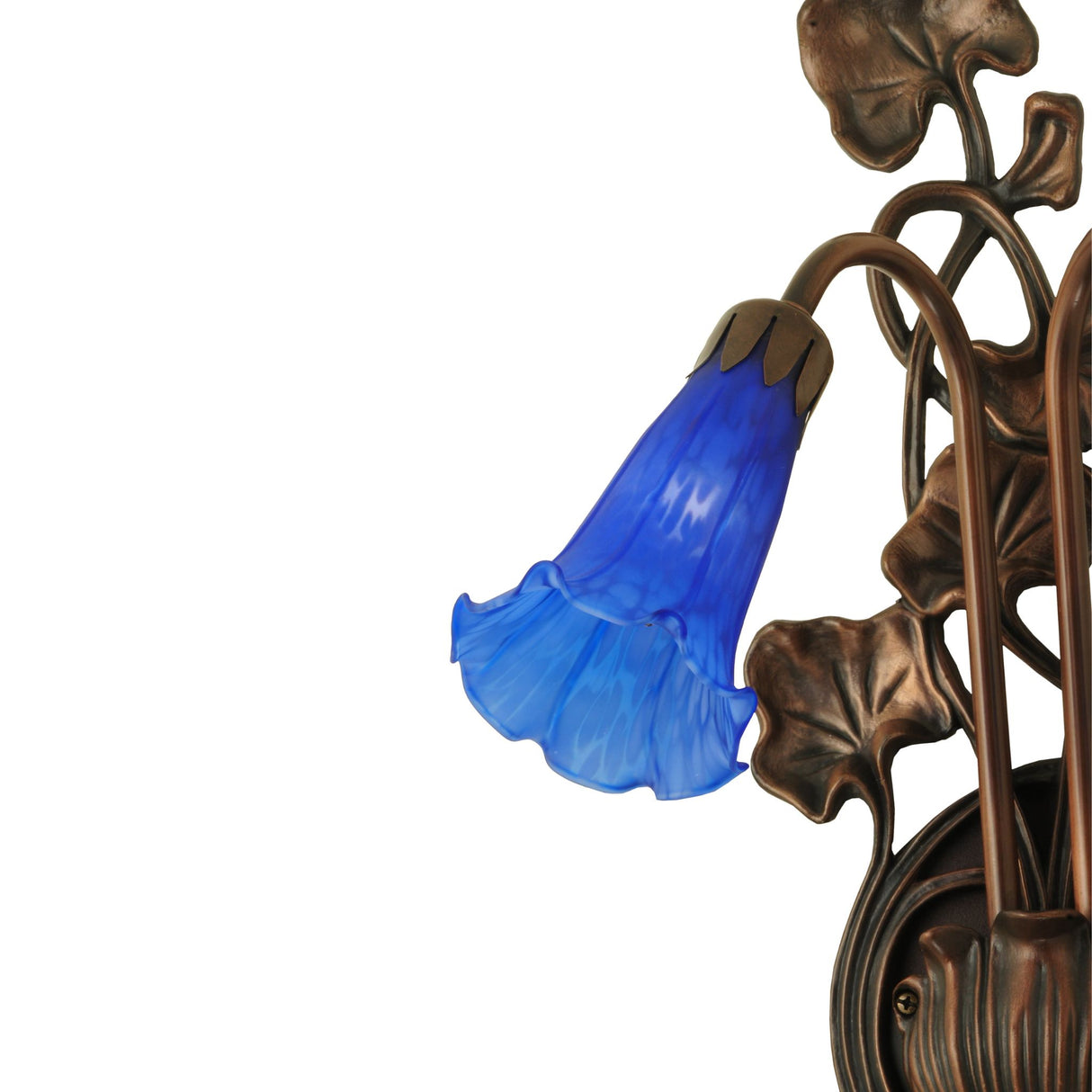 Close-up of blue glass shade on pond lily wall sconce.