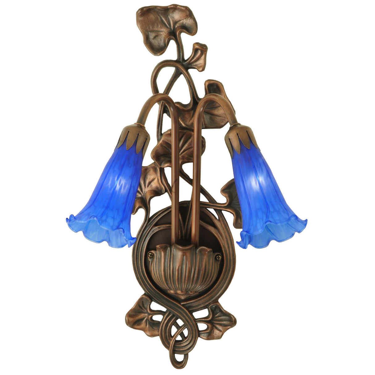 Decorative blue glass pond lily sconce with intricate bronze details.