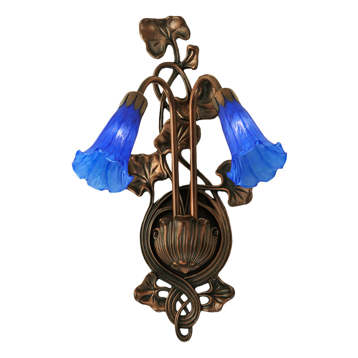 Front view of blue pond lily wall sconce.