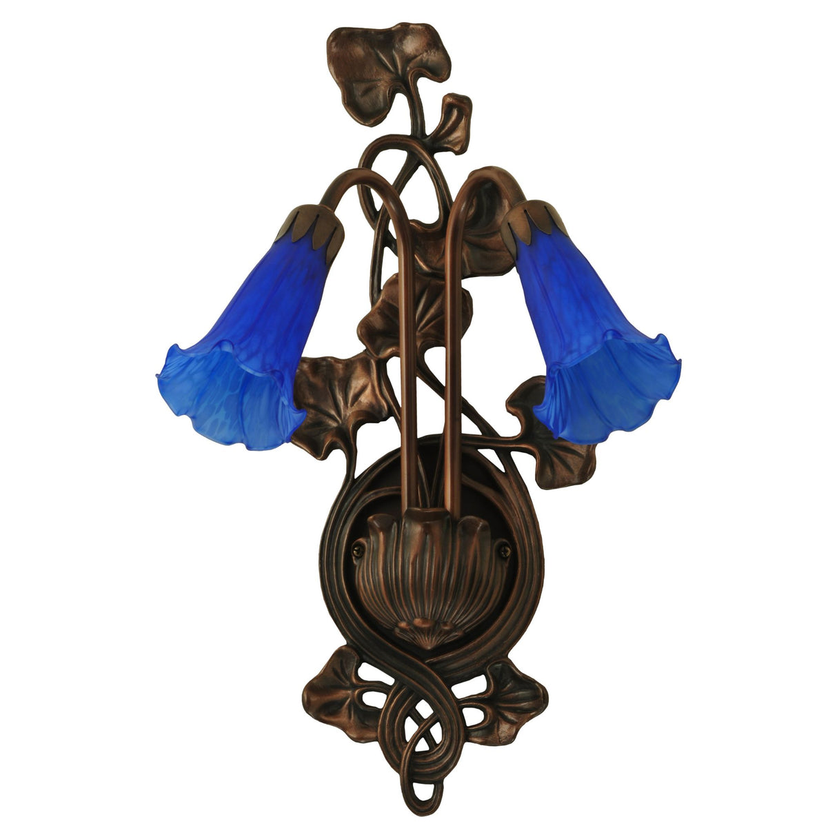 Full view of blue pond lily wall sconce.