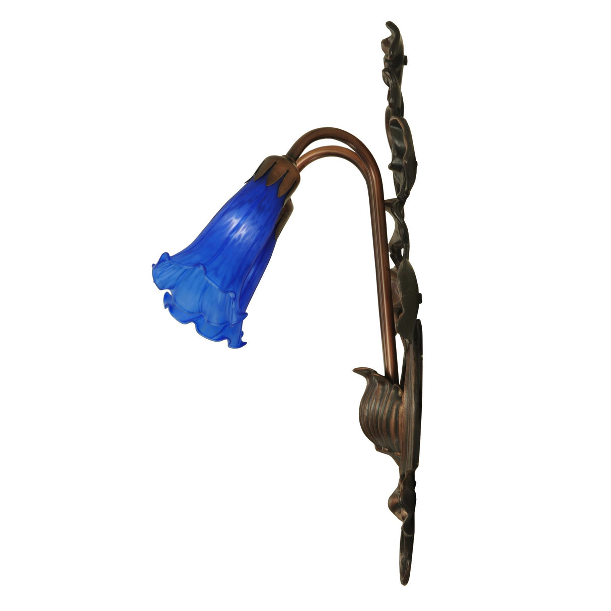 Side view of pond lily wall sconce with two blue glass shades