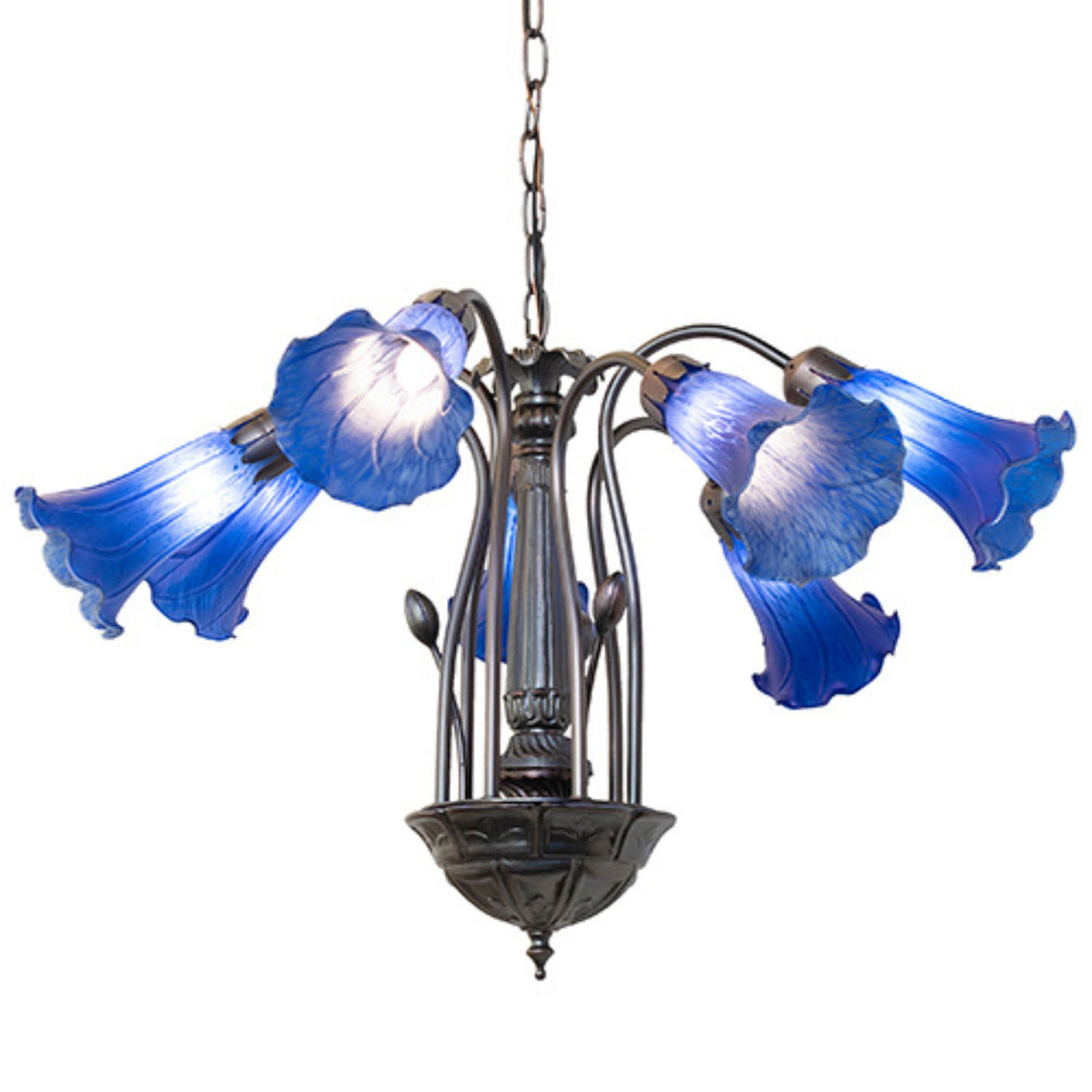 Blue Tiffany chandelier showcasing elegant floral-inspired glass shades.