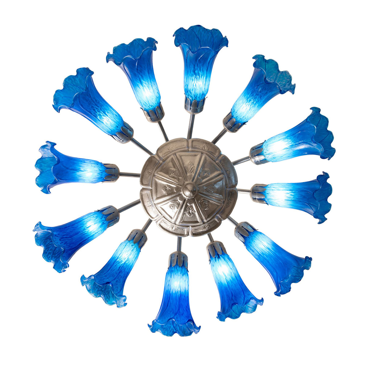 Bottom lit view of the Blue Tiffany Pond Lily chandelier highlighting shade layout.