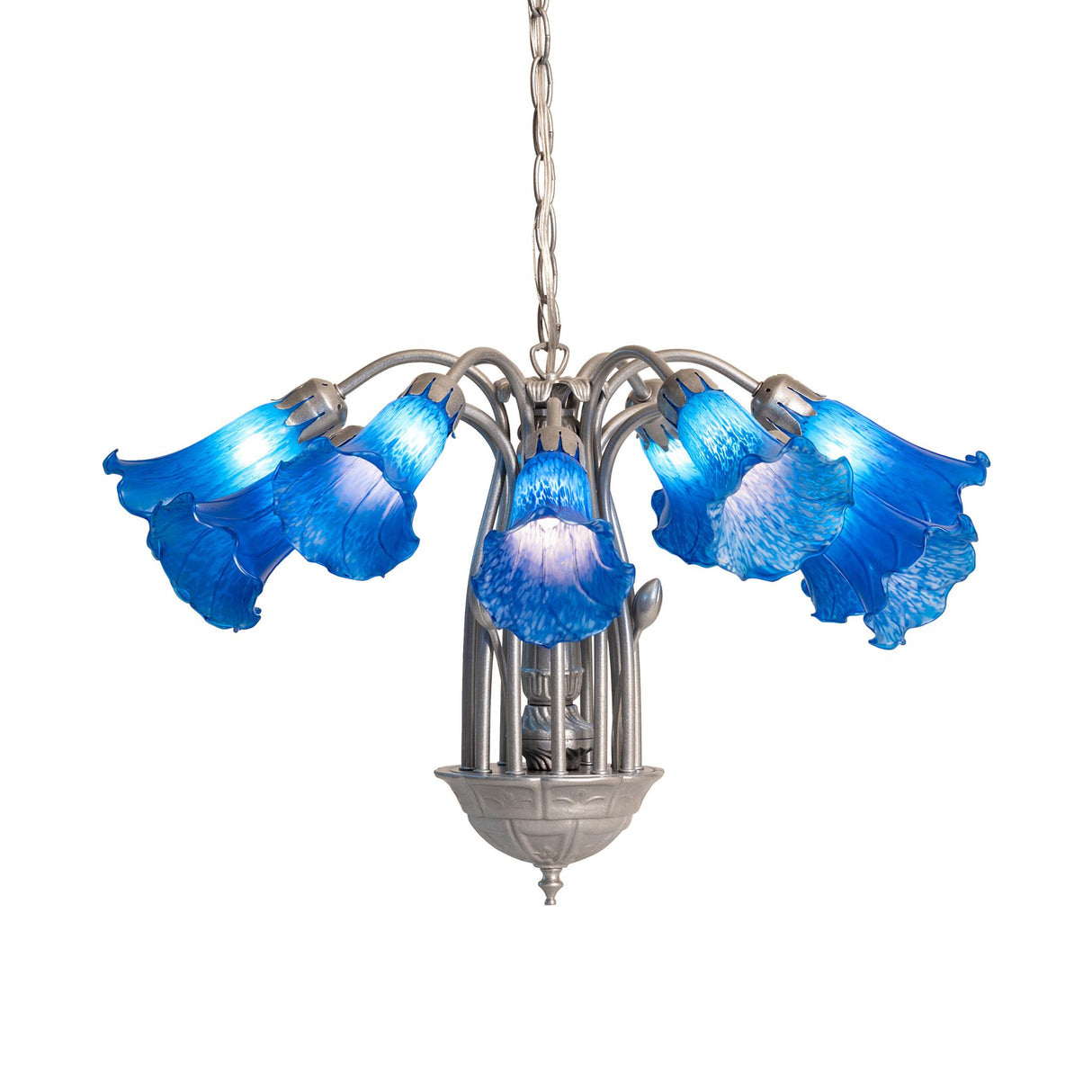 Side lit view of the Blue Tiffany Pond Lily 12 light chandelier.