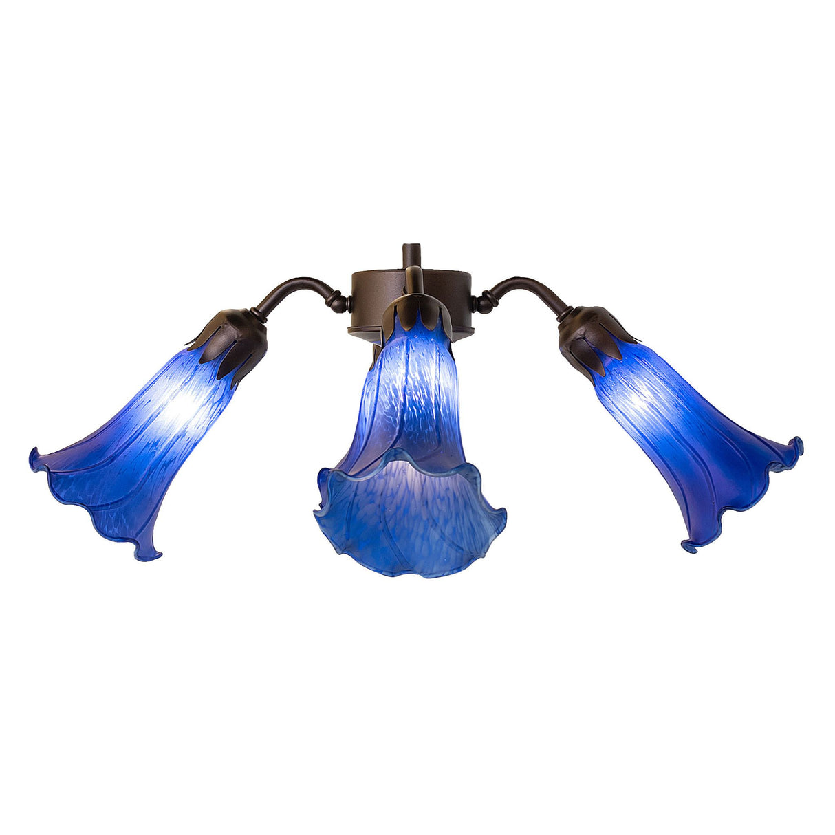 Three-light view of the illuminated Blue Tiffany Pond Lily fixture.