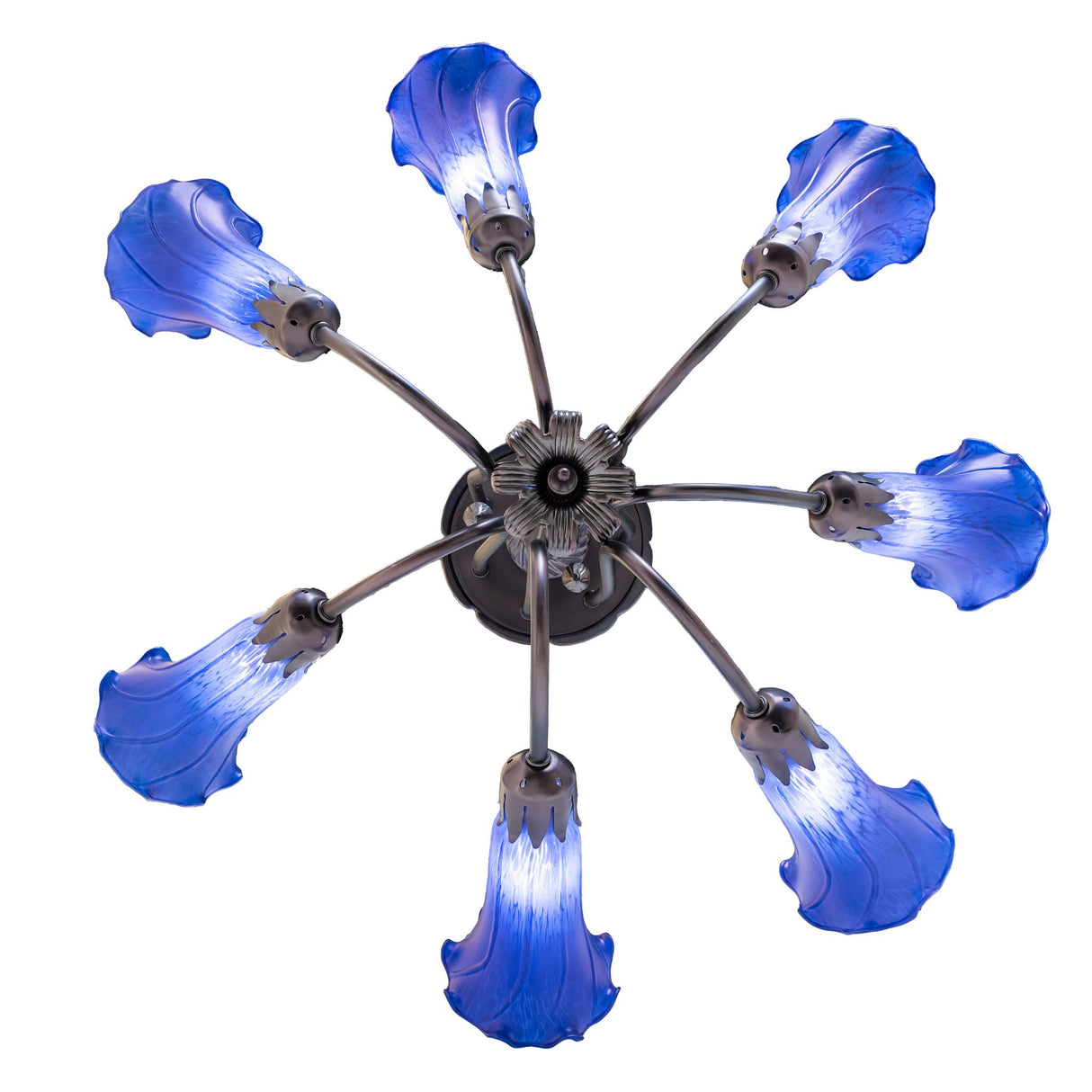 Bottom view showcasing the symmetrical arrangement of the 7 blue lily-shaped glass shades.