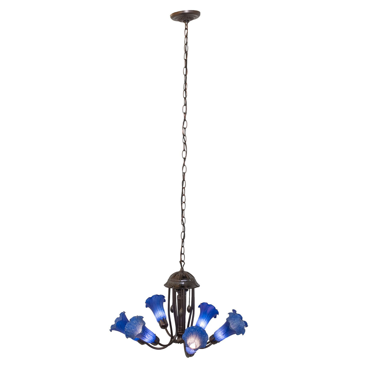 Full view of the Blue Tiffany Pond Lily chandelier with all seven blue art glass shades.