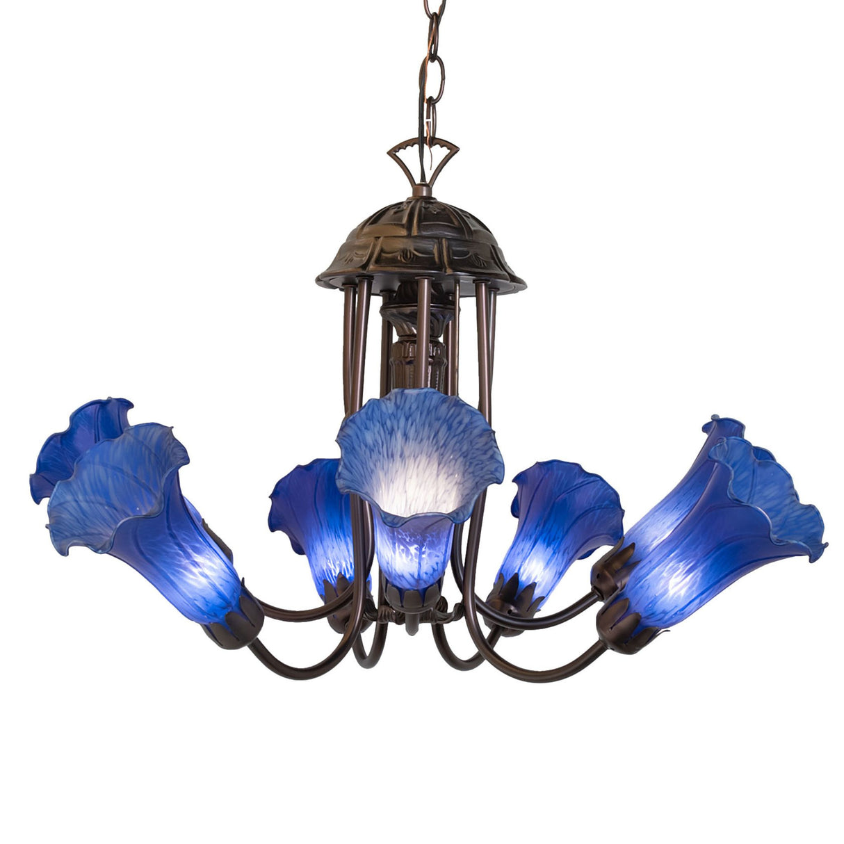Illuminated front view of the 24" wide Blue Tiffany Pond Lily 7 light chandelier showcasing glowing blue glass shades.