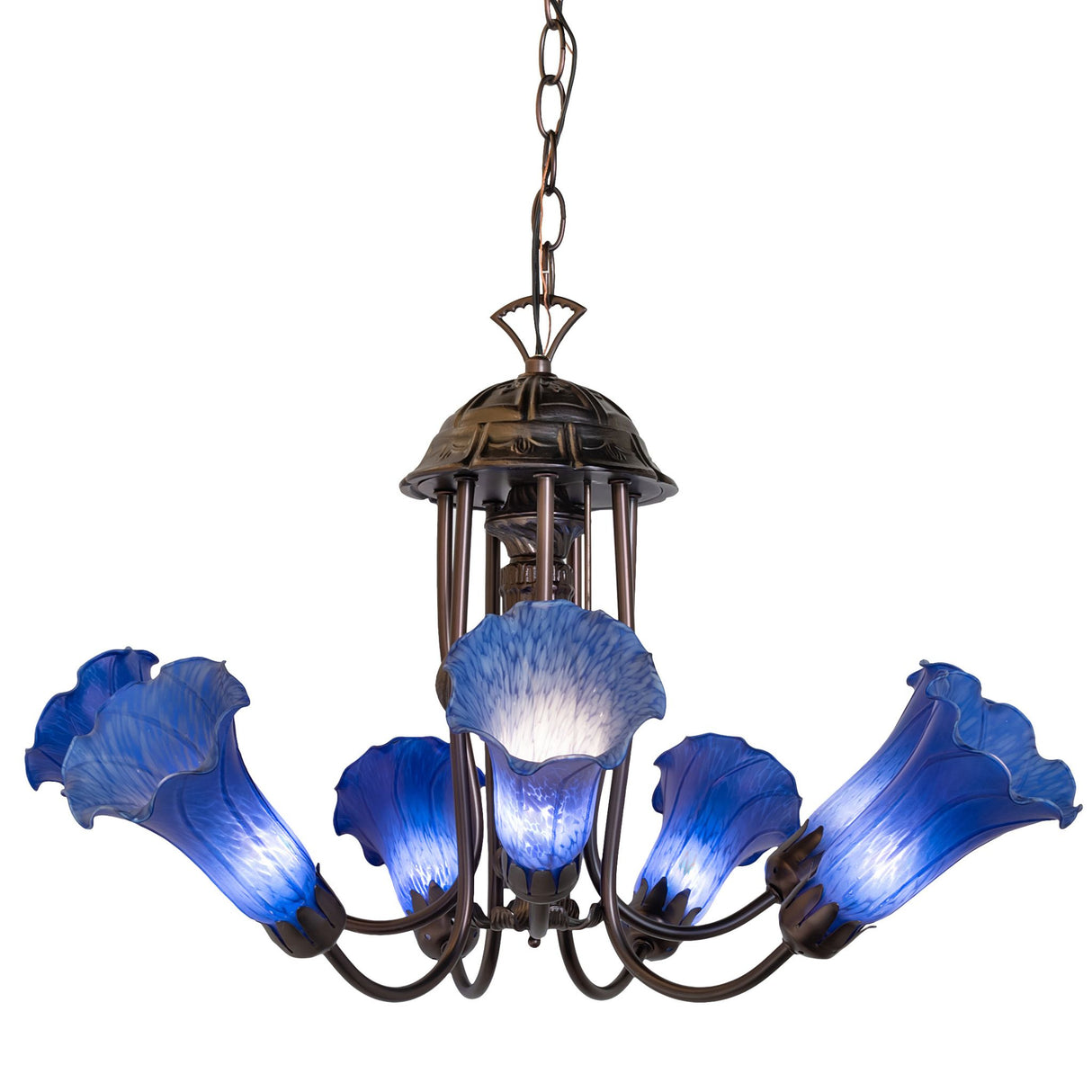 Main view of the 24" wide Blue Tiffany Pond Lily 7 light chandelier with intricate details.