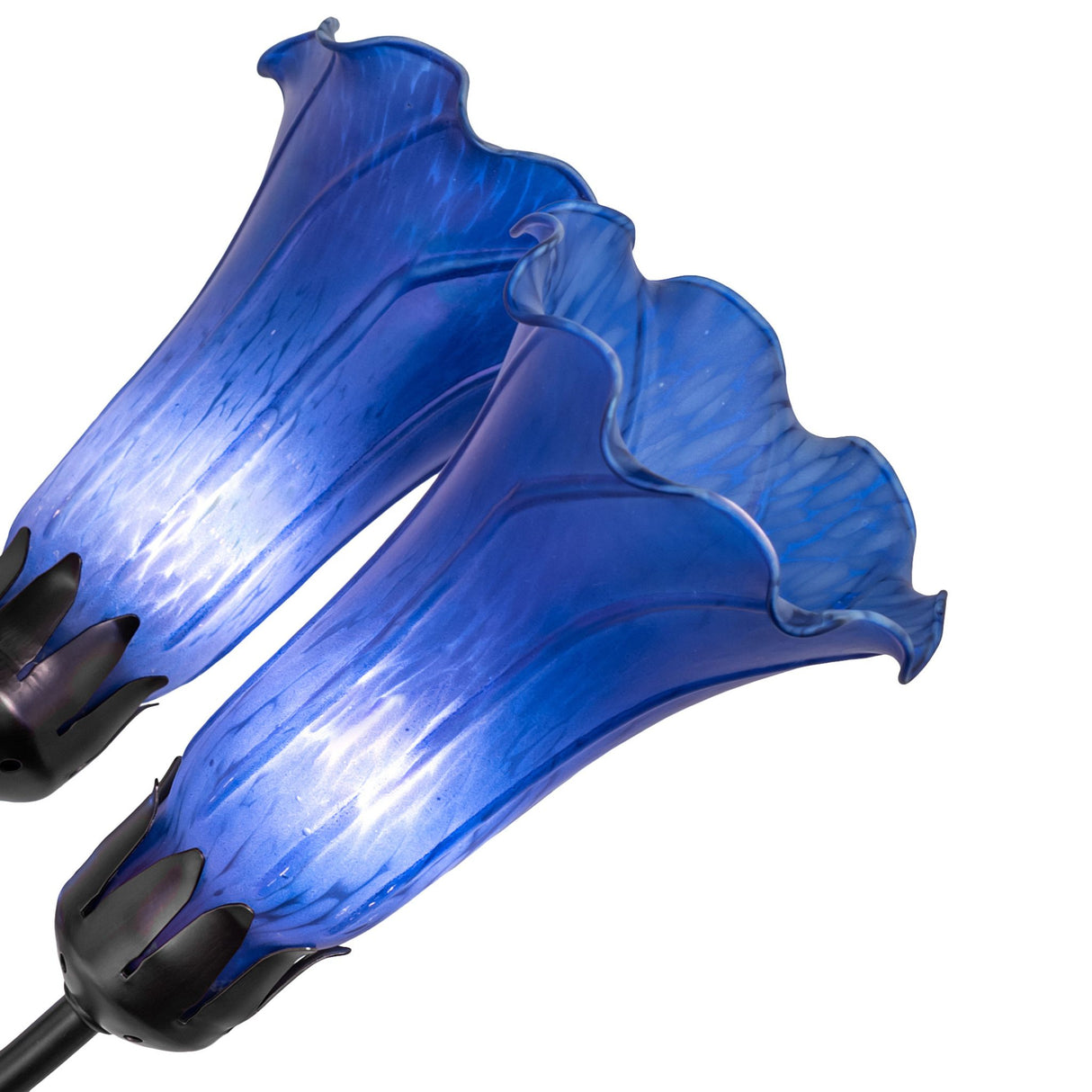 Close-up of the intricate blue Favrile-style glass shade of the chandelier.