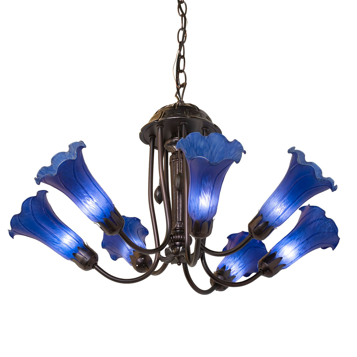 Side angle showing the elegant curvaceous frame of the chandelier in Mahogany Bronze finish.