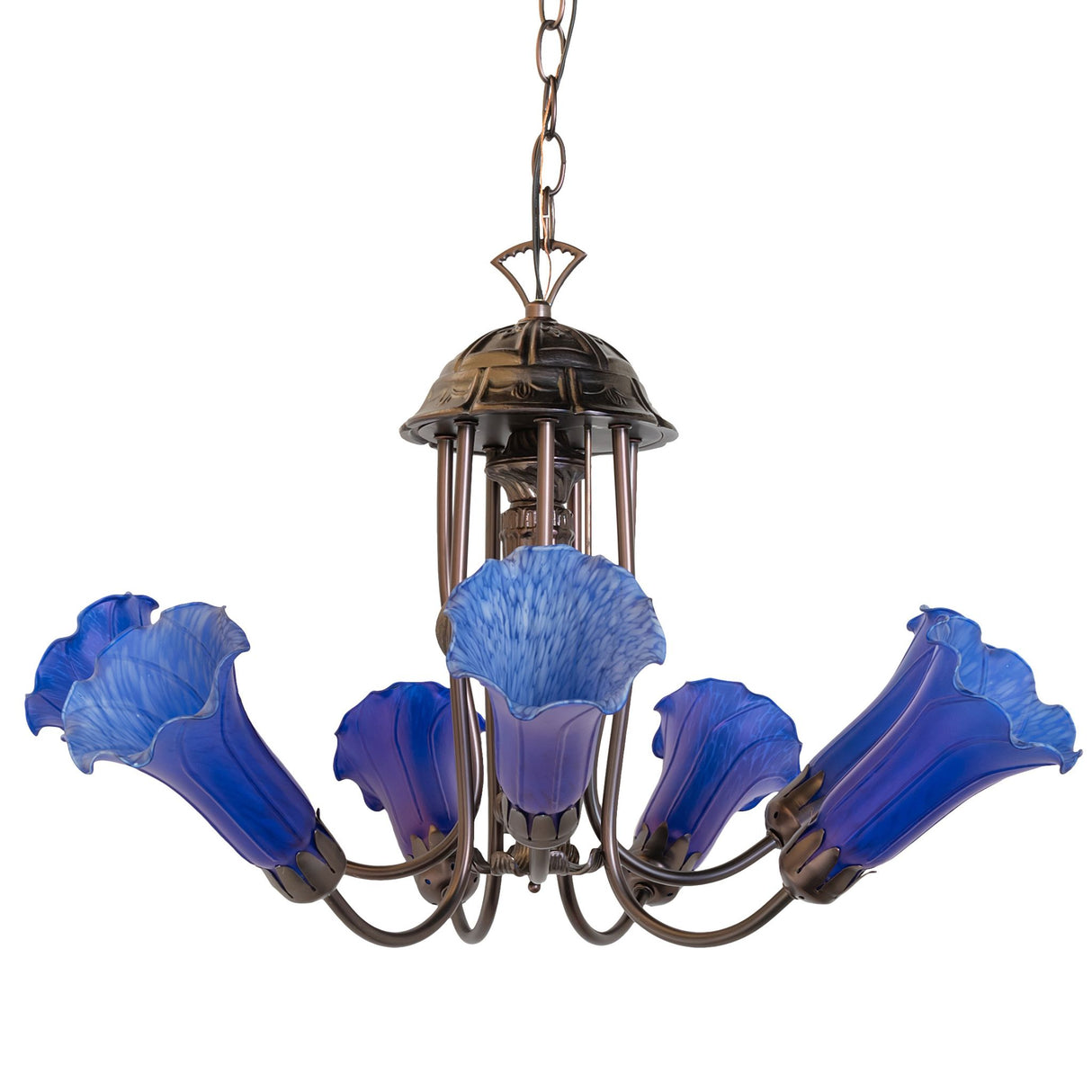 Blue Tiffany Pond Lily 7 light chandelier with unlit blue art glass shades highlighting the detailed craftsmanship.