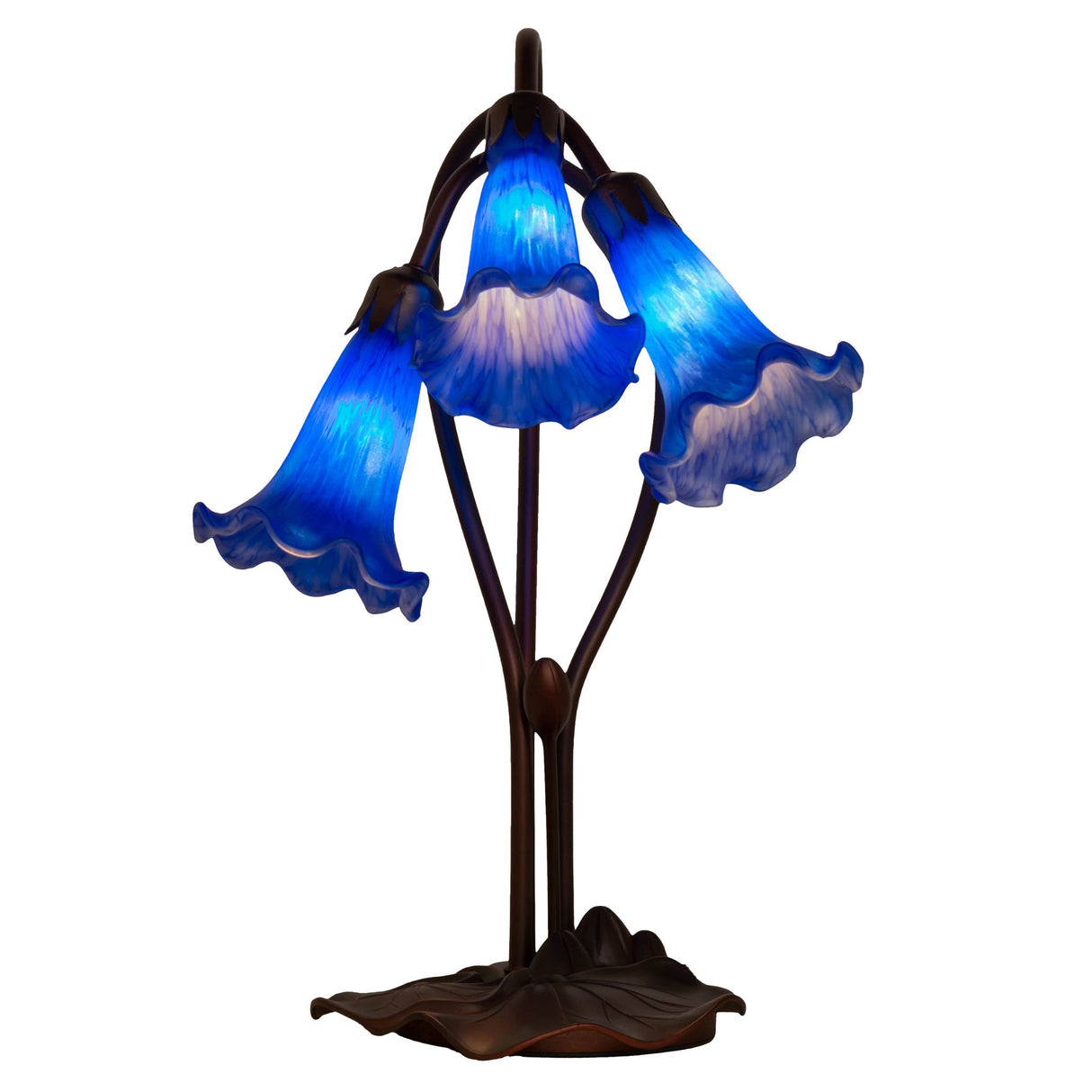 front view of blue tiffany pond lily accent lamp with three elegant lily shades.
