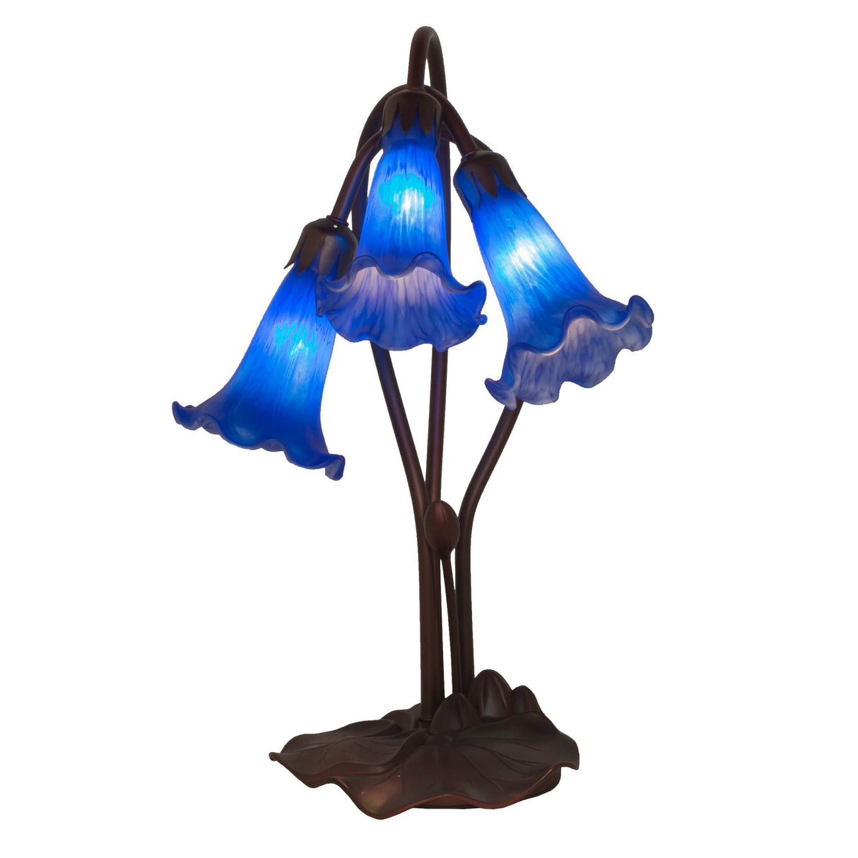 rear view of blue tiffany pond lily accent lamp with delicately winding stems and lily pad base.