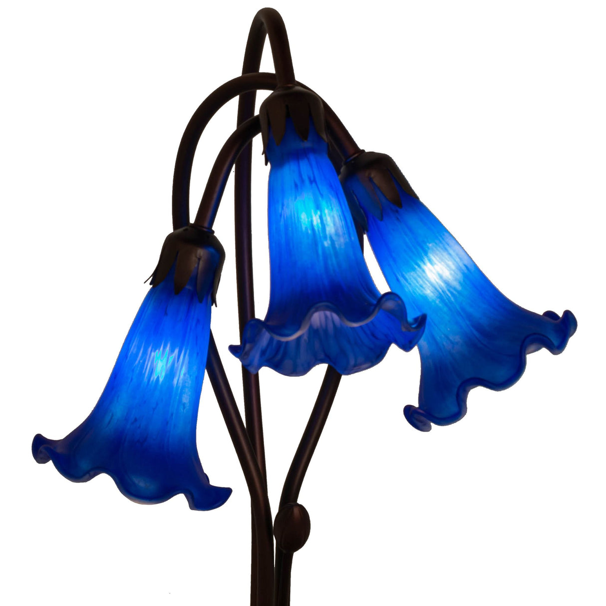 closeup view of indigo blue hand-blown glass shades on blue tiffany pond lily accent lamp.