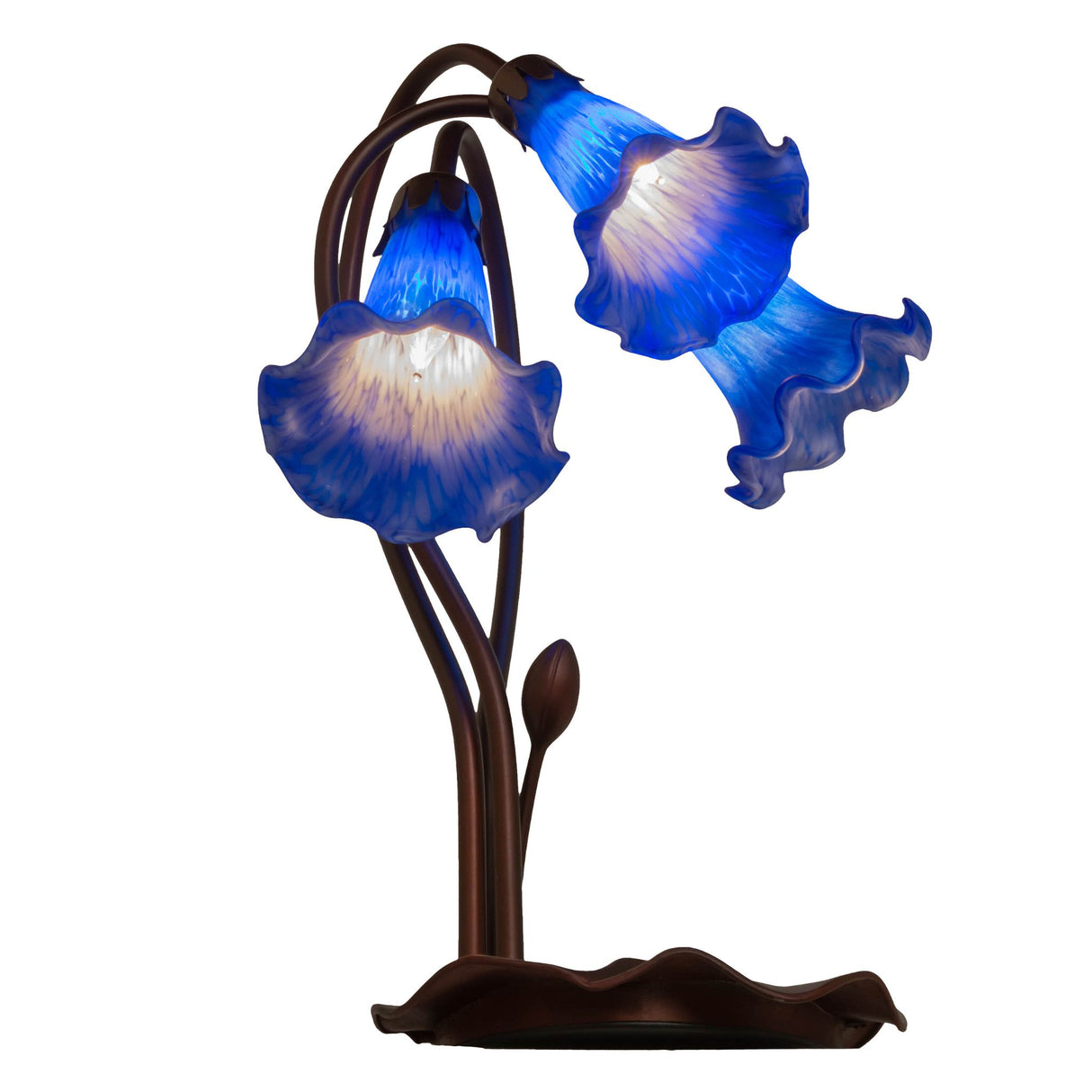 side view of blue tiffany pond lily accent lamp with intricate detailing on shades and stems.