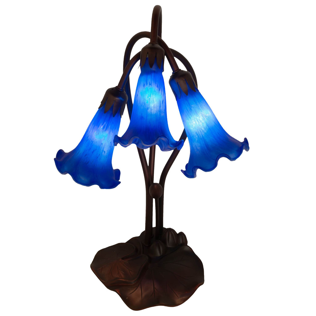 top view of blue tiffany pond lily accent lamp showcasing shade arrangement.