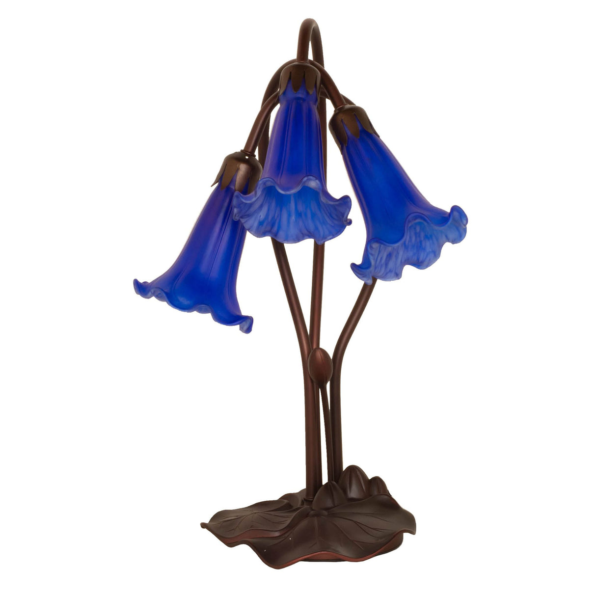 unlit view of blue tiffany pond lily accent lamp showcasing craftsmanship and fine details.