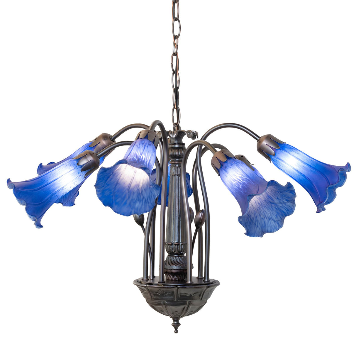 Blue Tiffany Pond Lily chandelier with 7 glowing glass lily-shaped shades and a bronze finish.