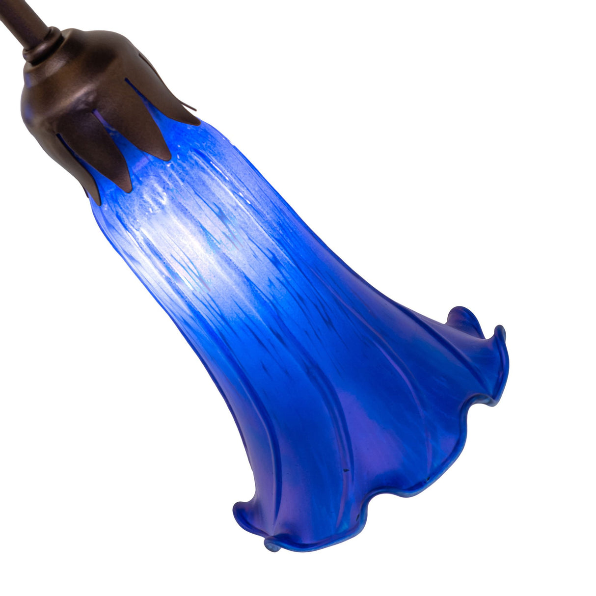 Close-up of the glowing blue Tiffany Pond Lily glass shade.