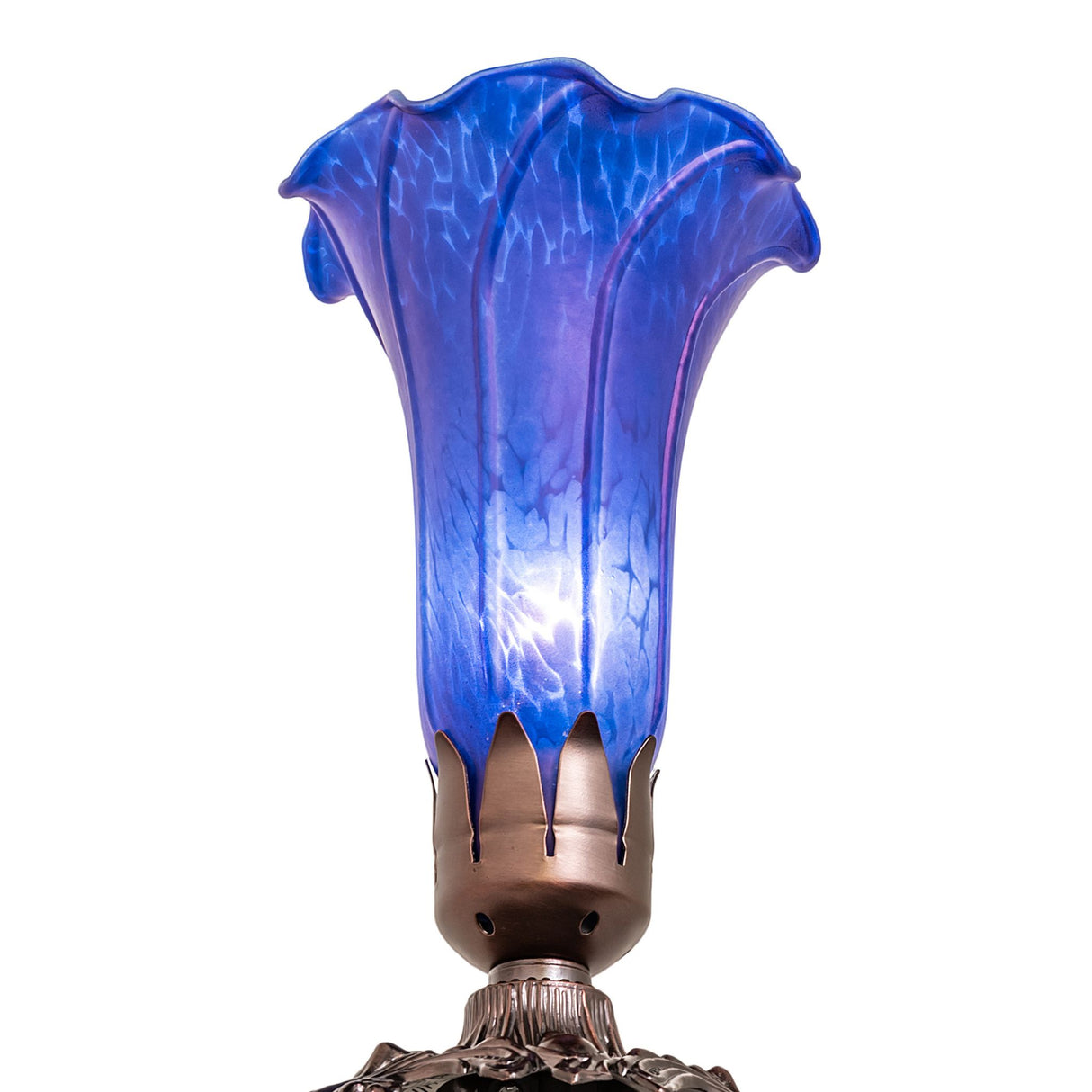 Angled view of the Blue Tiffany Pond Lily Lamp, highlighting the ruffled glass shade and intricate details.