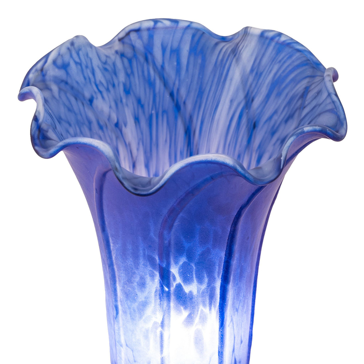 Close-up view of the Blue Tiffany Pond Lily Lamp, emphasizing the intricate details of the ruffled glass shade.