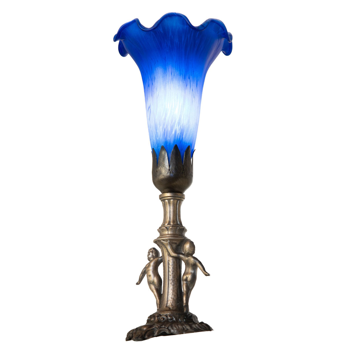 Angled perspective of the Blue Tiffany Pond Lily Maidens Mini Lamp.