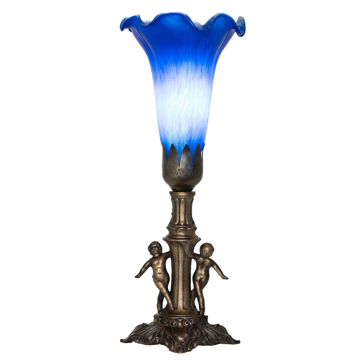 Front view of the Blue Tiffany Pond Lily Maidens Mini Lamp highlighting the detailed shade.