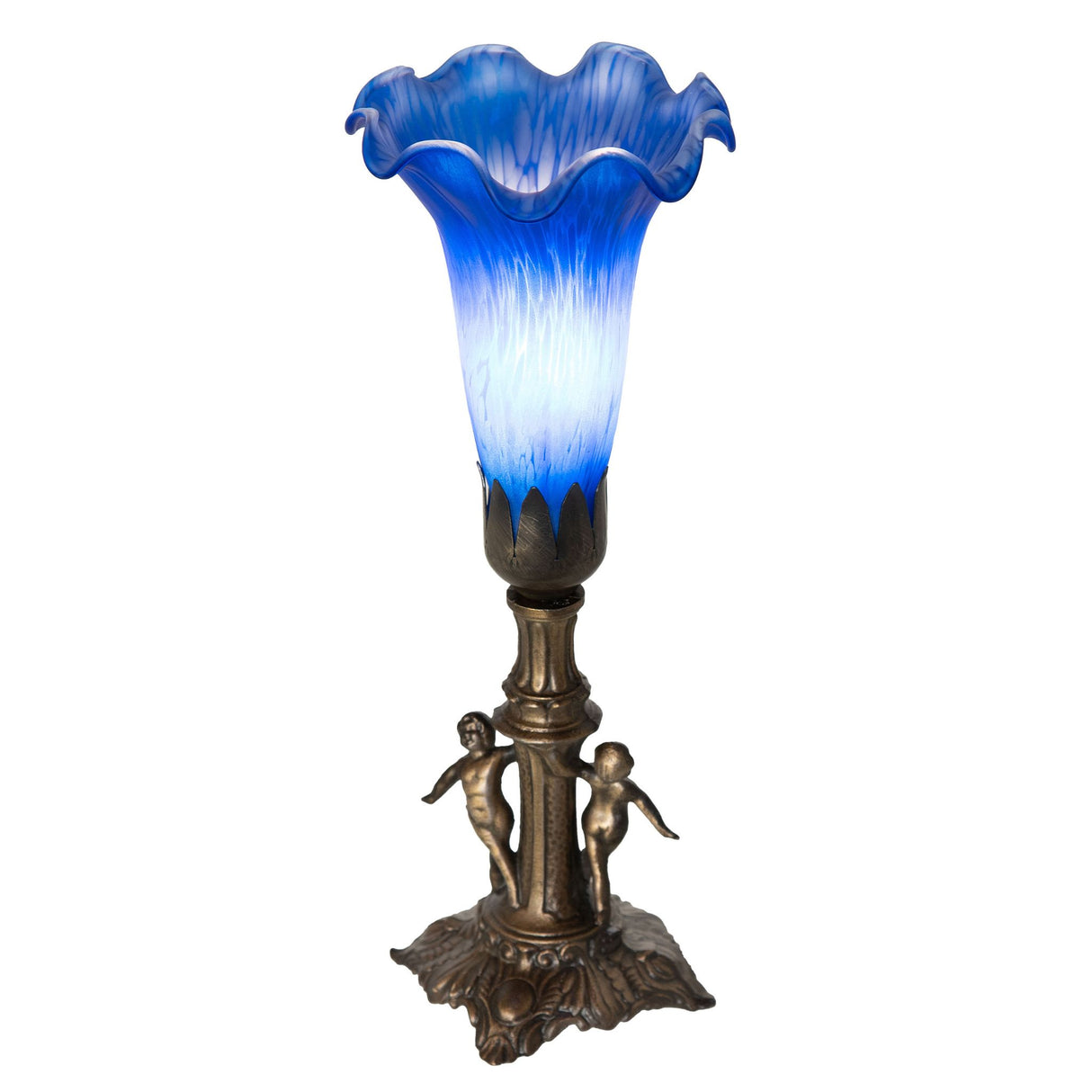 Top view of the Blue Tiffany Pond Lily Maidens Mini Lamp focusing on its fluted glass shade.