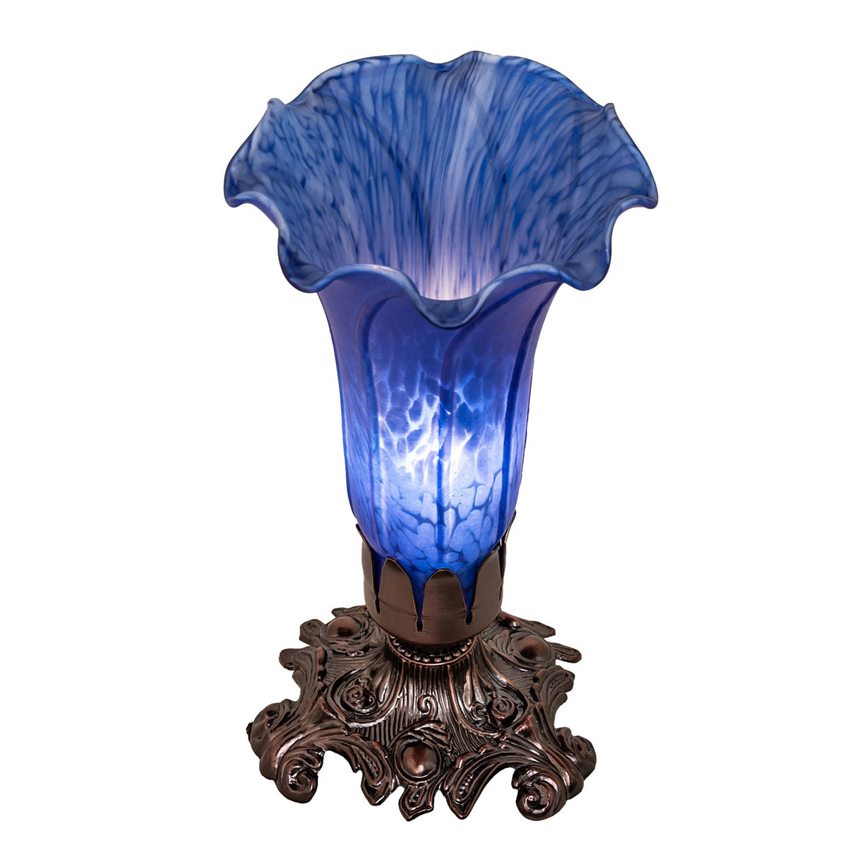 Lit view of Pond Lily Victorian Accent Lamp, illuminating its indigo blue art glass shade with a warm glow.