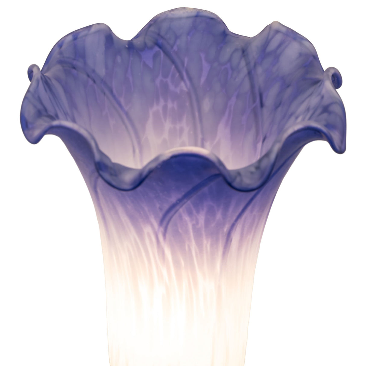 Closeup of blue and white pond lily art glass shade.