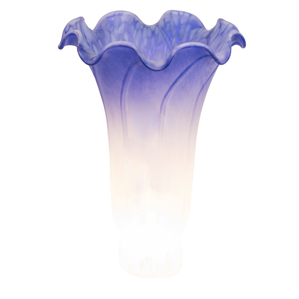 Lit view of blue and white pond lily glass shade.