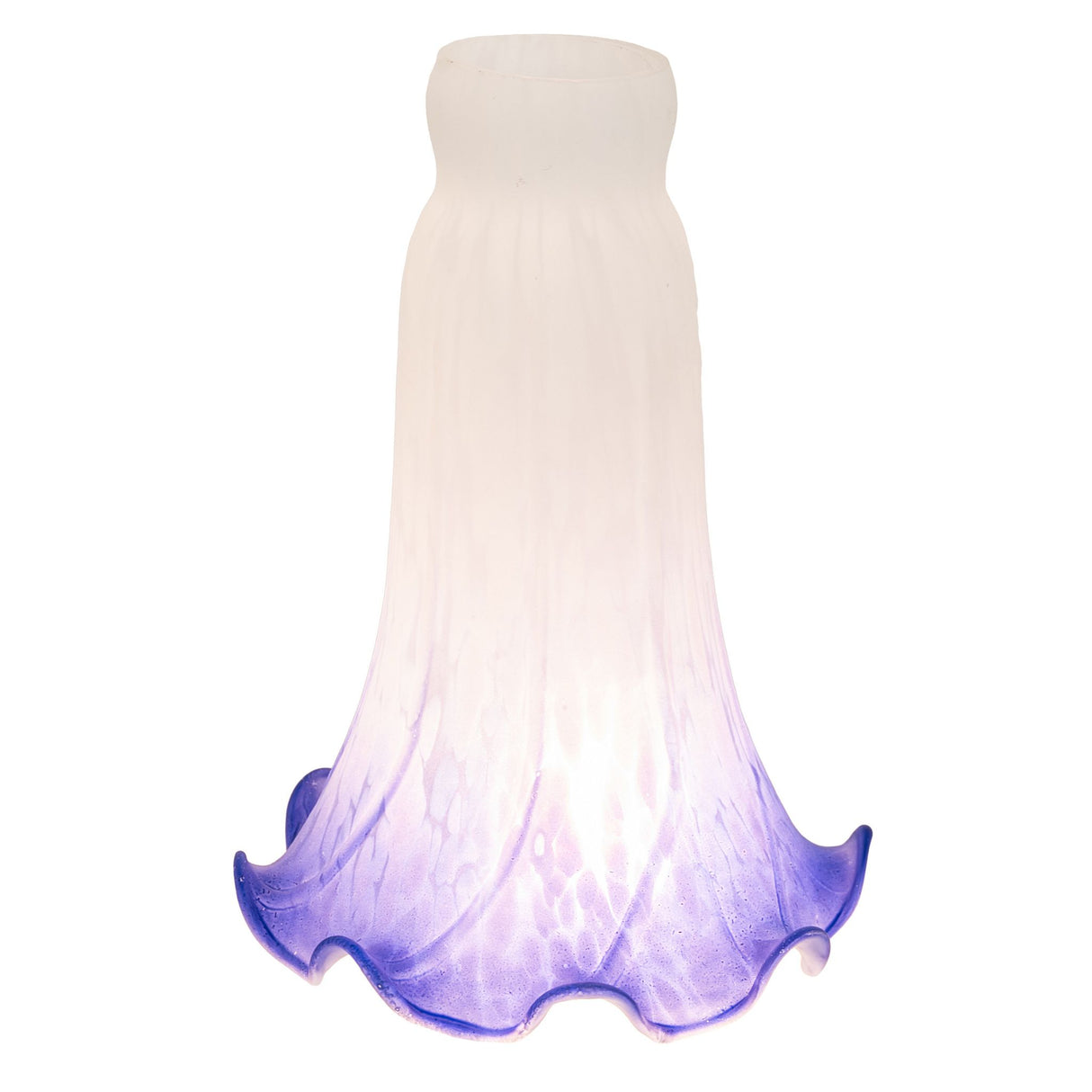 Side angle of ruffled blue and white pond lily glass shade.