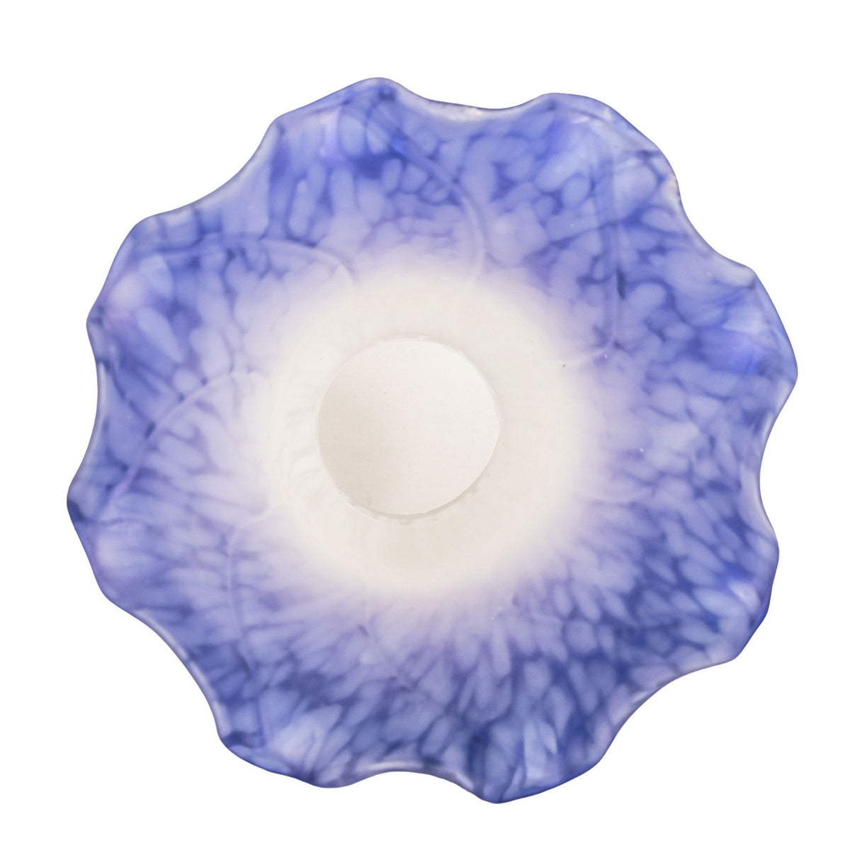 Top view of flared rim on blue and white pond lily shade.