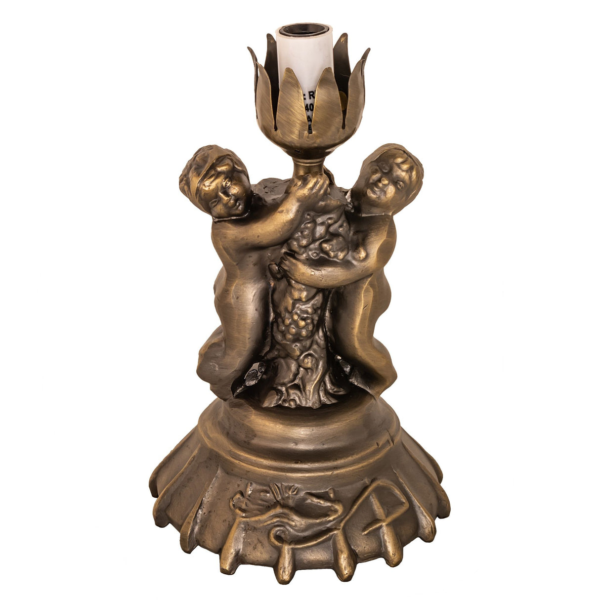 Base view of antique brass twin cherub lamp base.