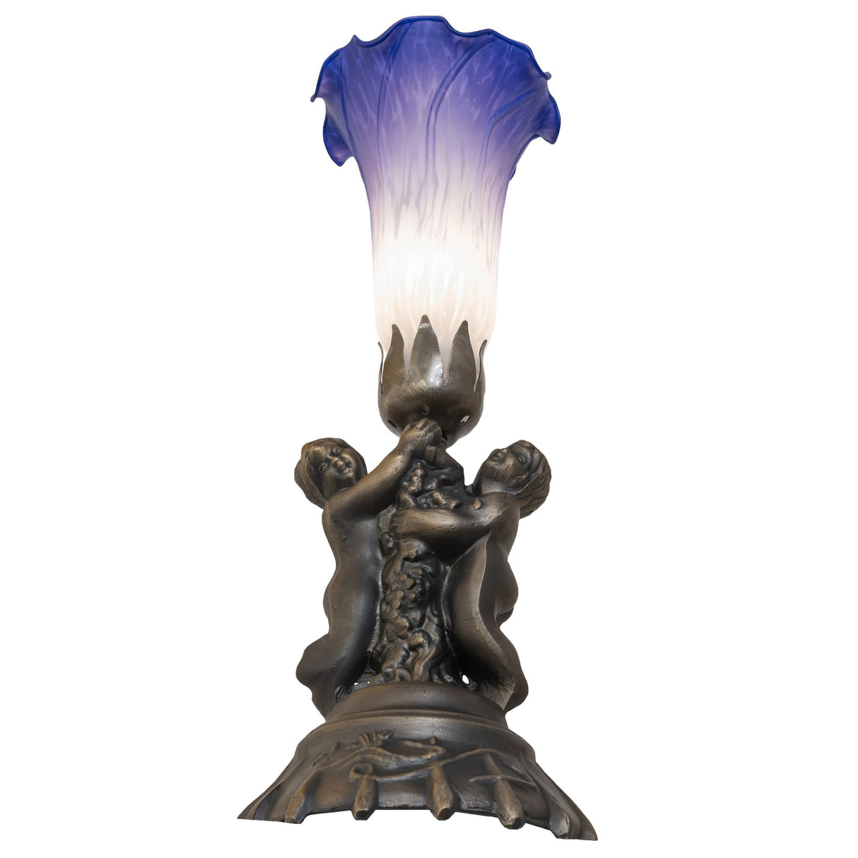 Bottom angle showcasing blue and white shade with cherub base.