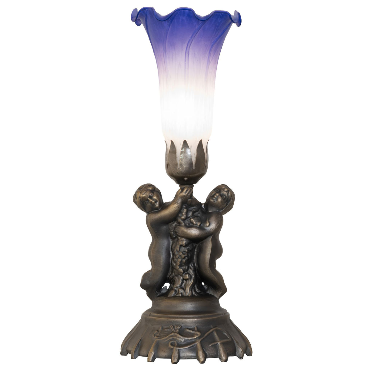 Front-facing view of cherub accent lamp with blue and white lily shade.