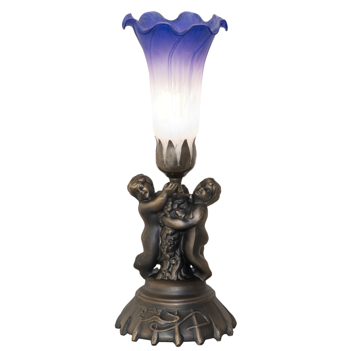 Lit view of blue and white cherub accent lamp with glowing lily shade.