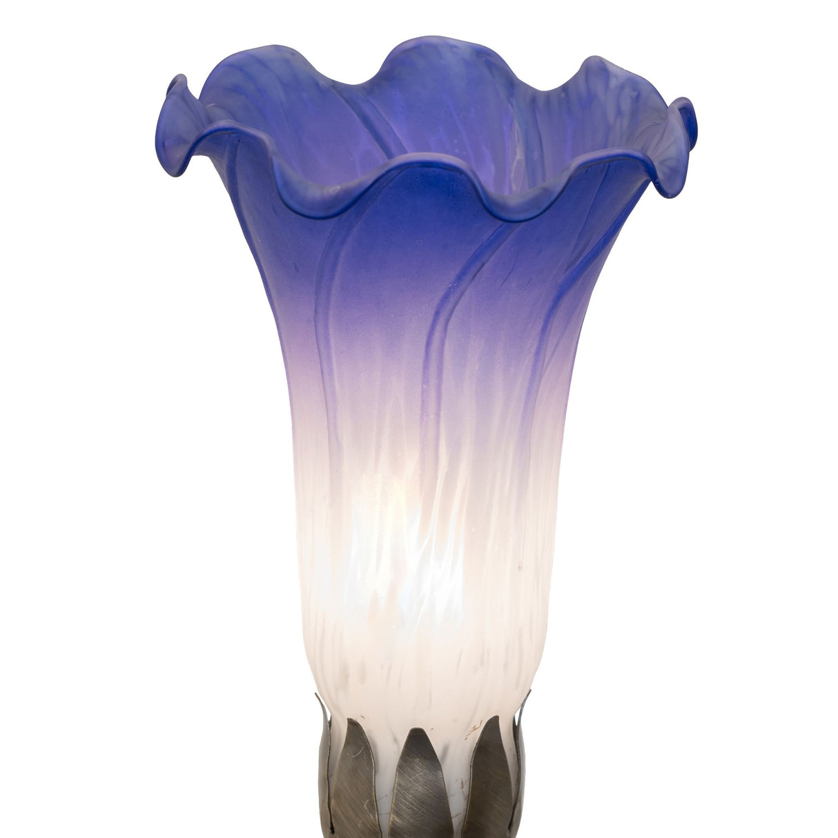 Close-up of the flared blue and white art glass lily shade.