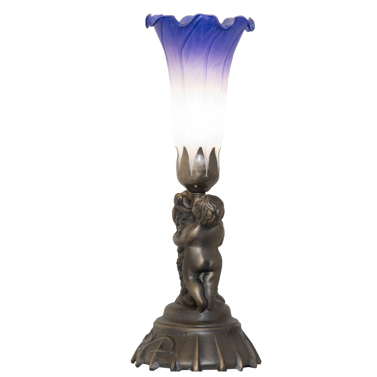 Side view of cherub mini lamp with fluted blue and white glass.