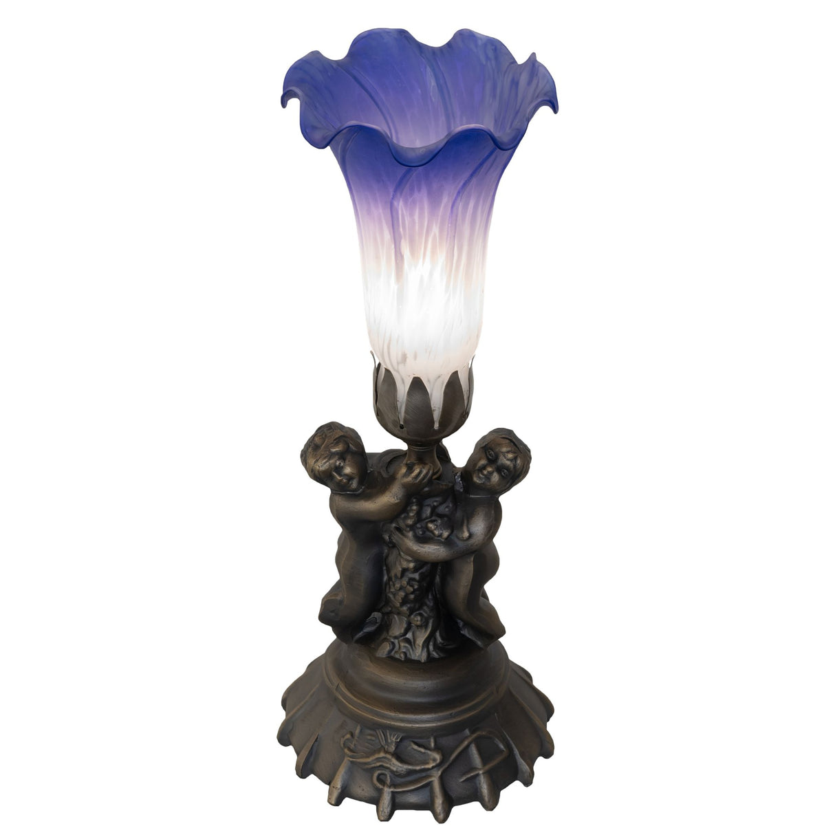 Top angled view of blue and white lily shade cherub accent lamp.