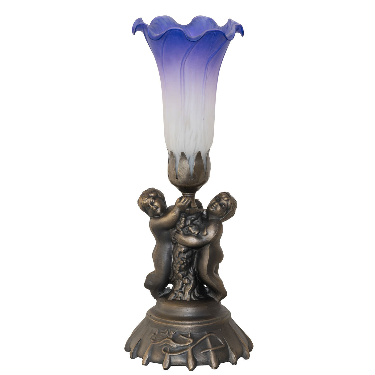 Unlit view of twin cherub lamp with blue and white glass shade.