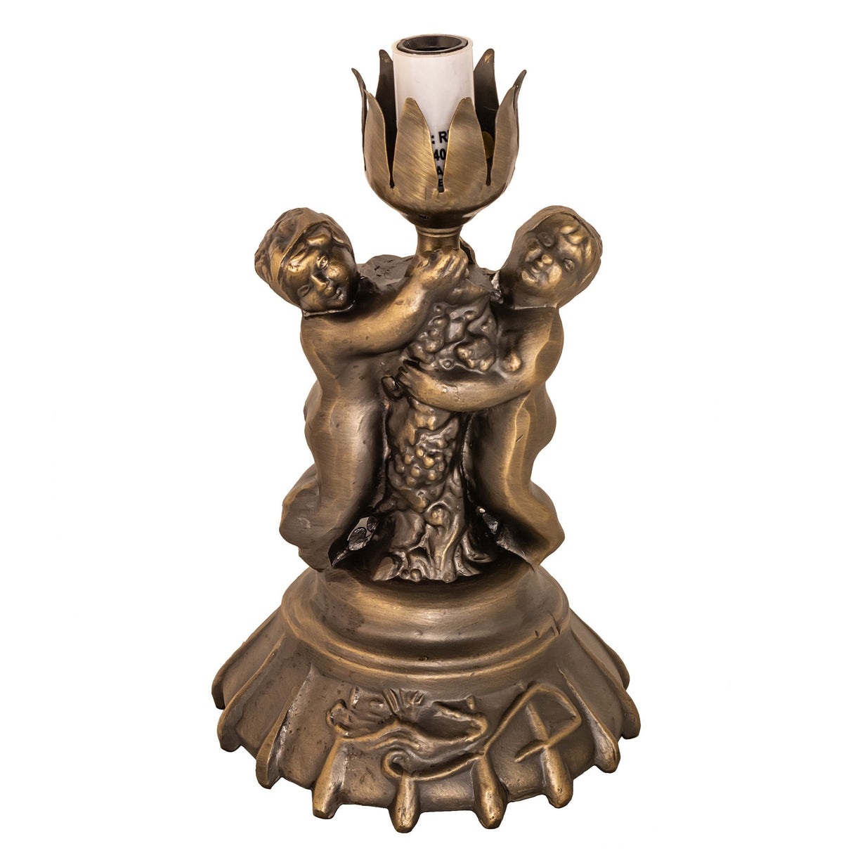 Base view of cast bronze cherub base with ornate sculpting.