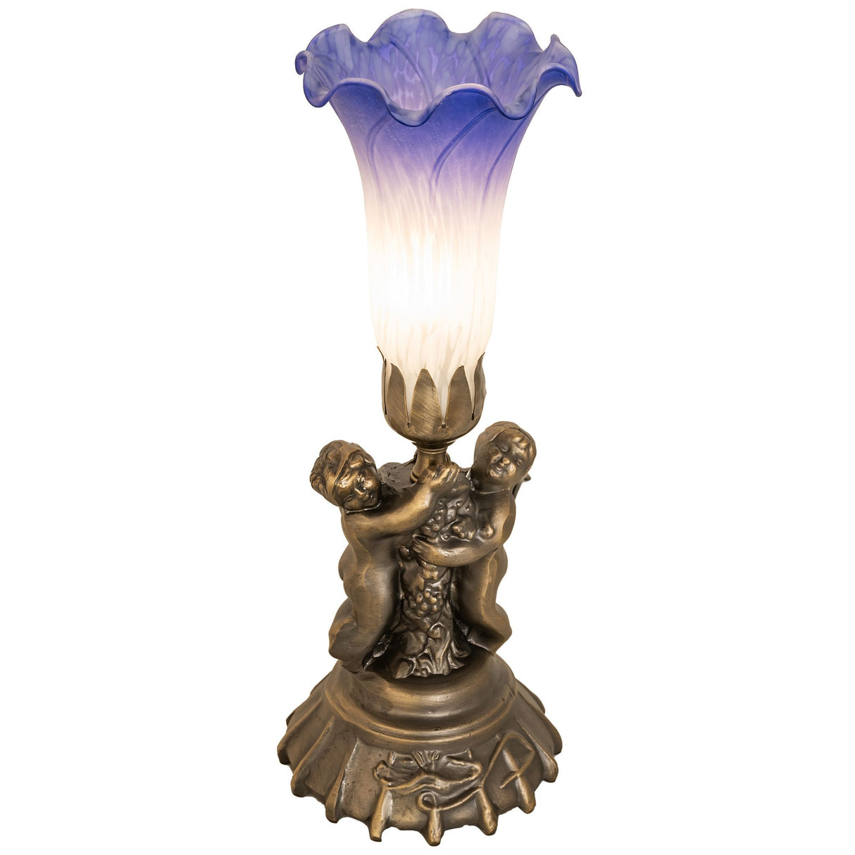 Blue and white glass cherub lamp glowing with soft illumination.