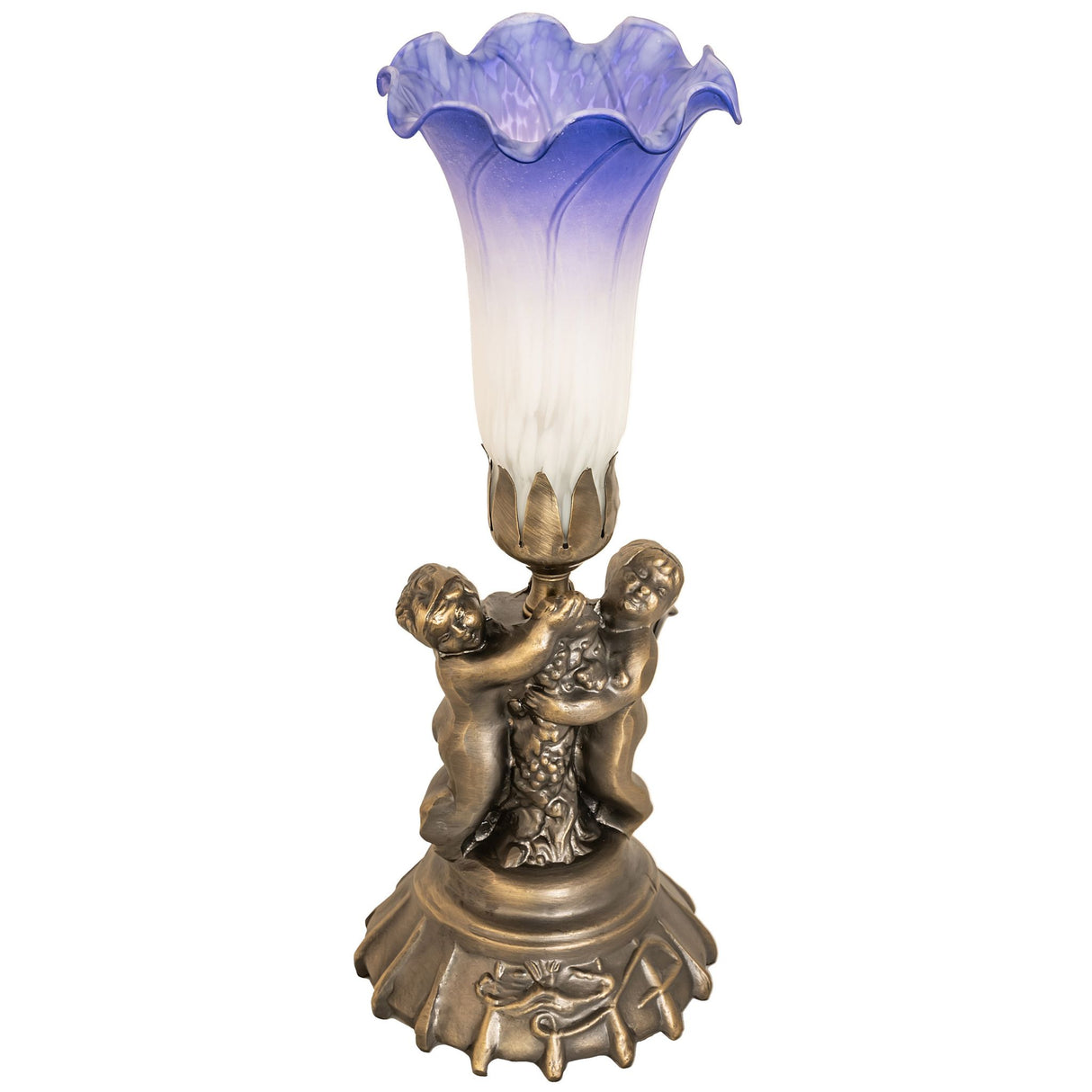 Unlit twin cherub lamp with flared blue and white glass shade.