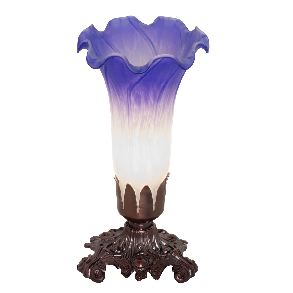 Elegant blue and white Pond Lily Victorian mini lamp with a Mahogany Bronze base.